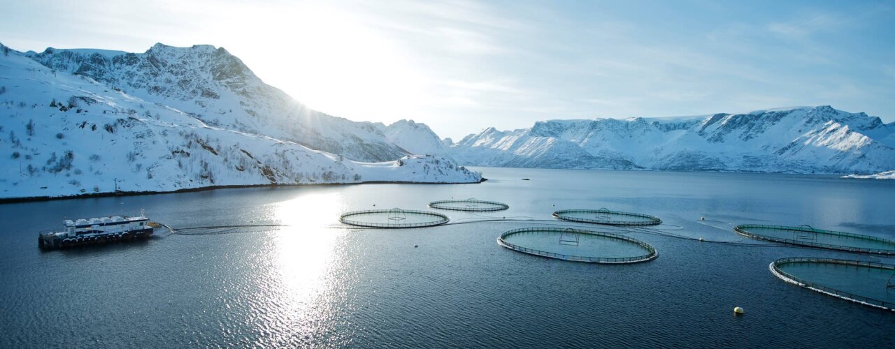 Fish farm in a norwegian fjord with snow covered mountains